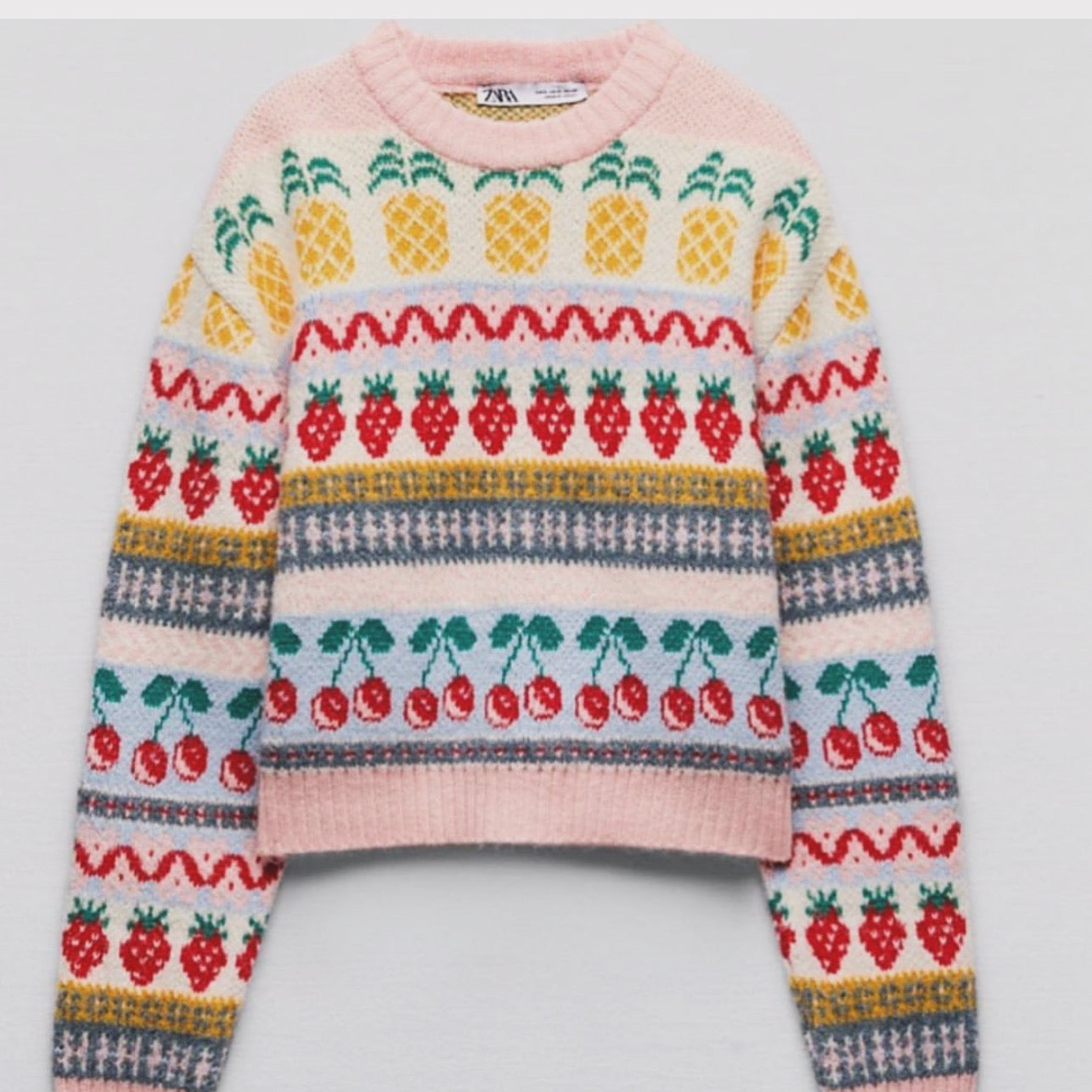 “Colorful Fruit-Patterned Knit Sweater”