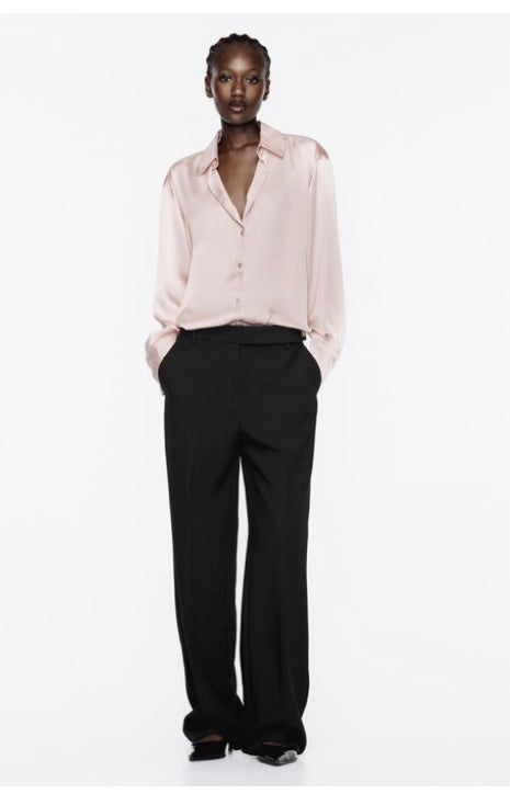 “Soft Pink Satin Tie-Waist Blouse”