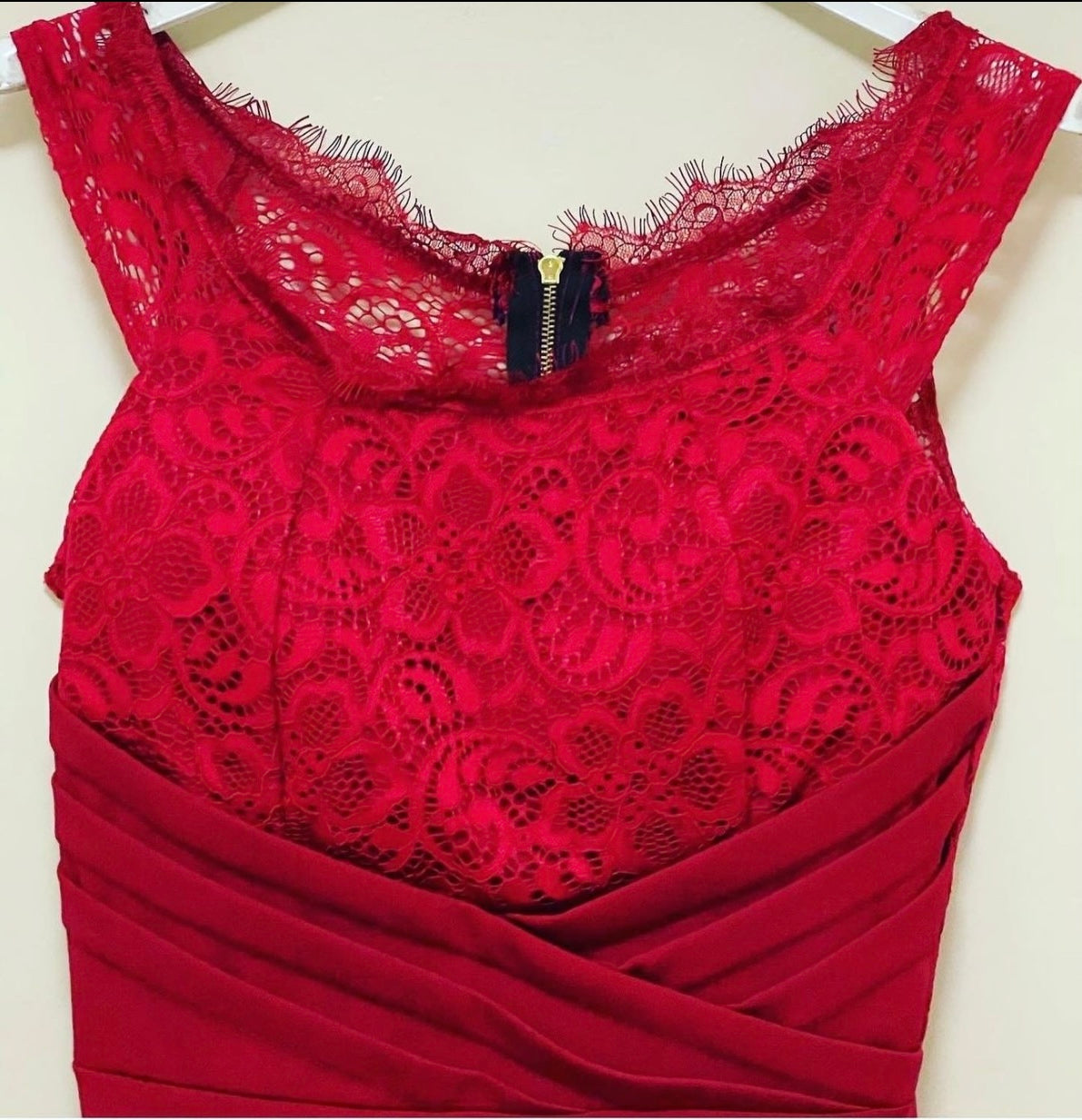 "Lace-Top Burgundy Sheath Dress"