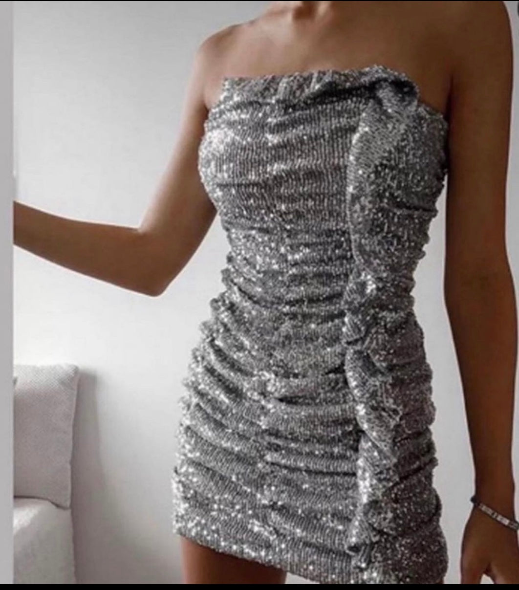 "Silver Sequin Strapless Mini Dress"