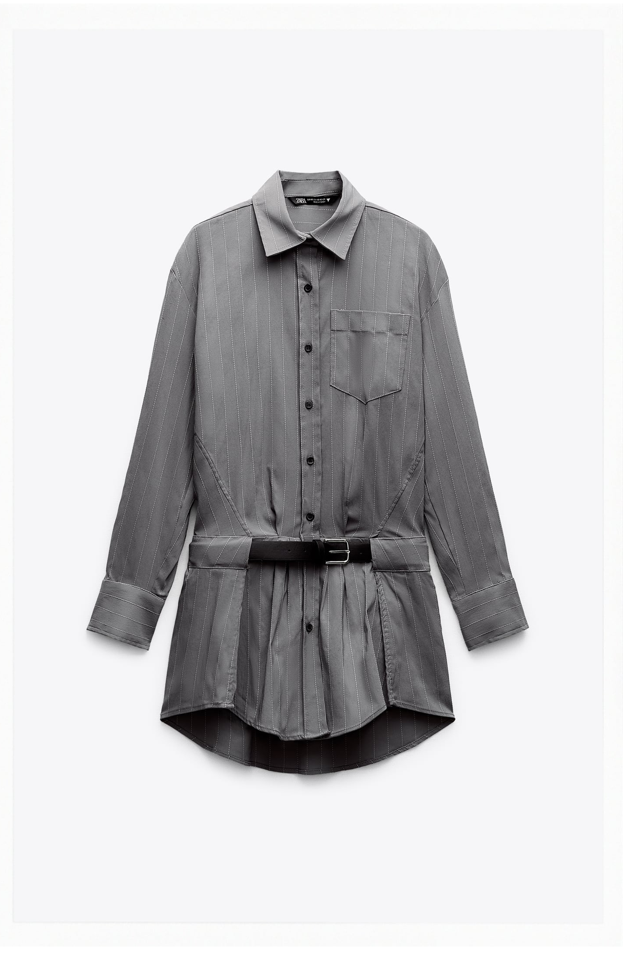 “Gray Pinstripe Belted Shirt Dress”