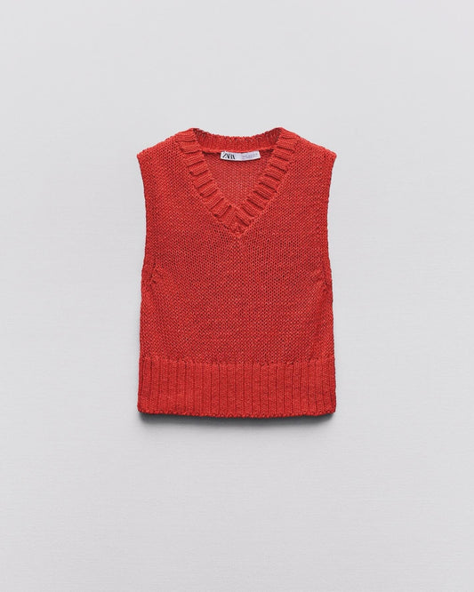 Red Knitted V-Neck Vest