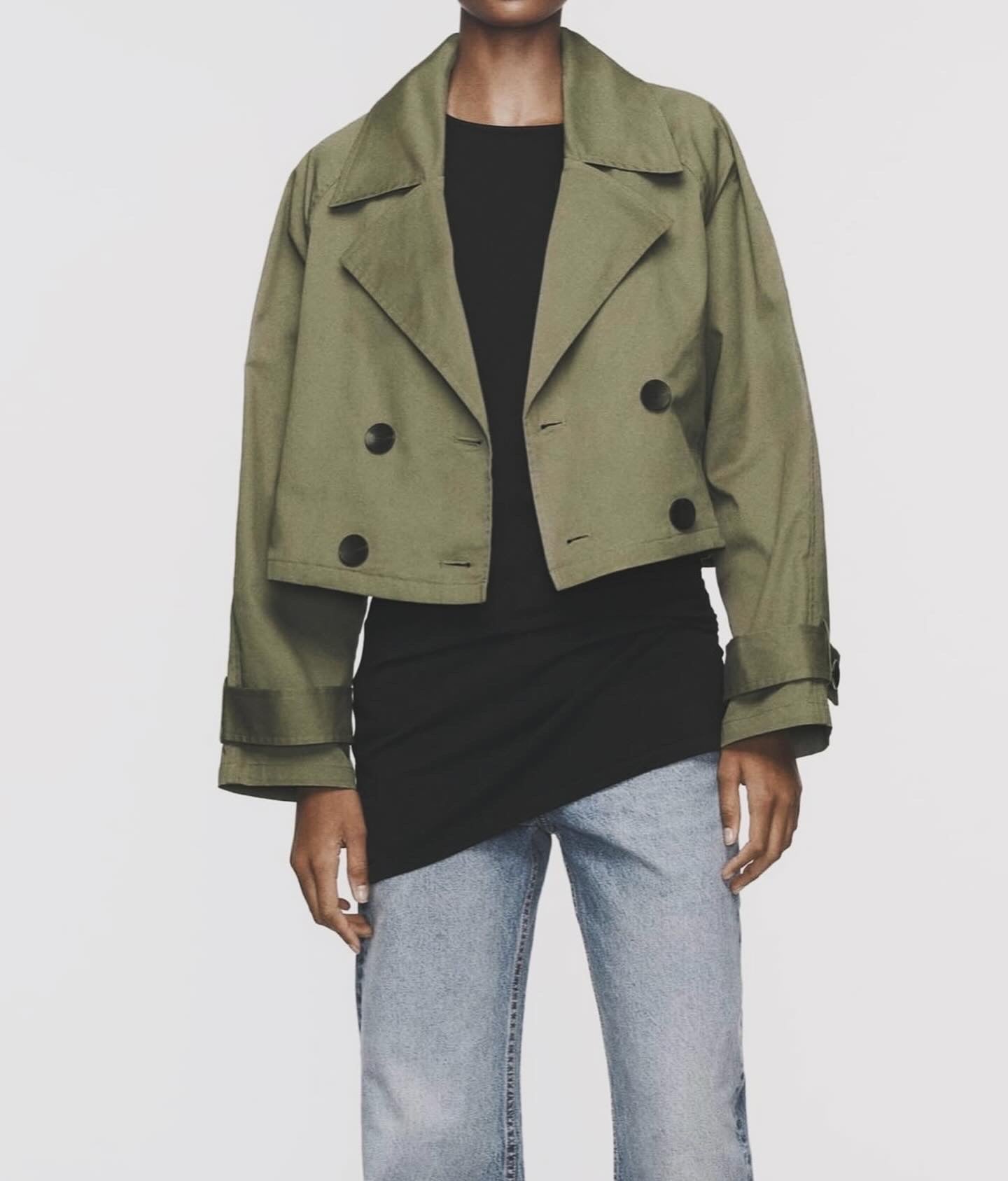 Cropped Double-Breasted Military Green Jacket