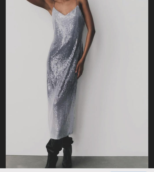 Shimmering Silver Dress with Thin Straps