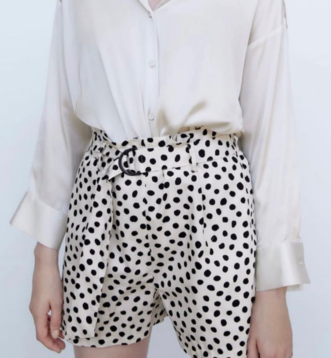 Polka Dot Belted High-Waist Shorts