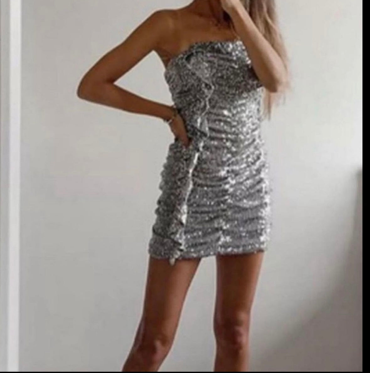 Silver Sequin Strapless Mini Dress