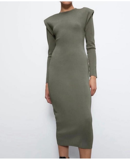 Olive Green Dress with Structured Shoulder Details