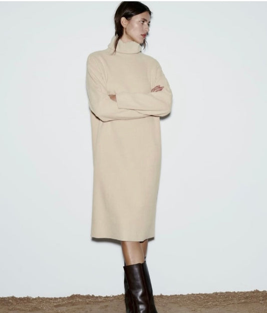 Oversized Beige Wool Turtleneck Dress